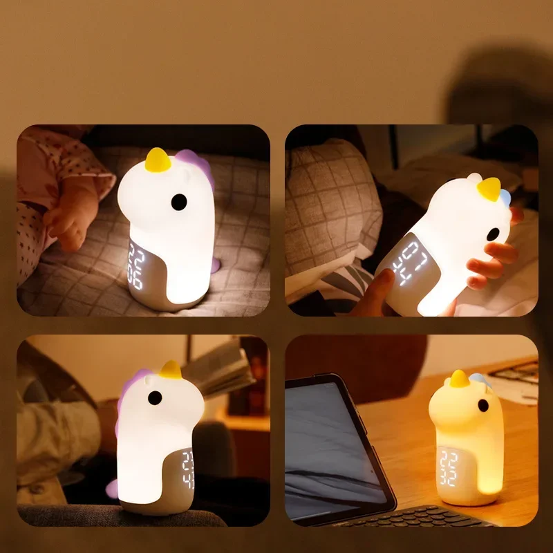 Reloj despertador de unicornio con luz nocturna, reloj despertador electrónico inteligente integrado para niños, accesorio de iluminación, regalo, luz nocturna pequeña