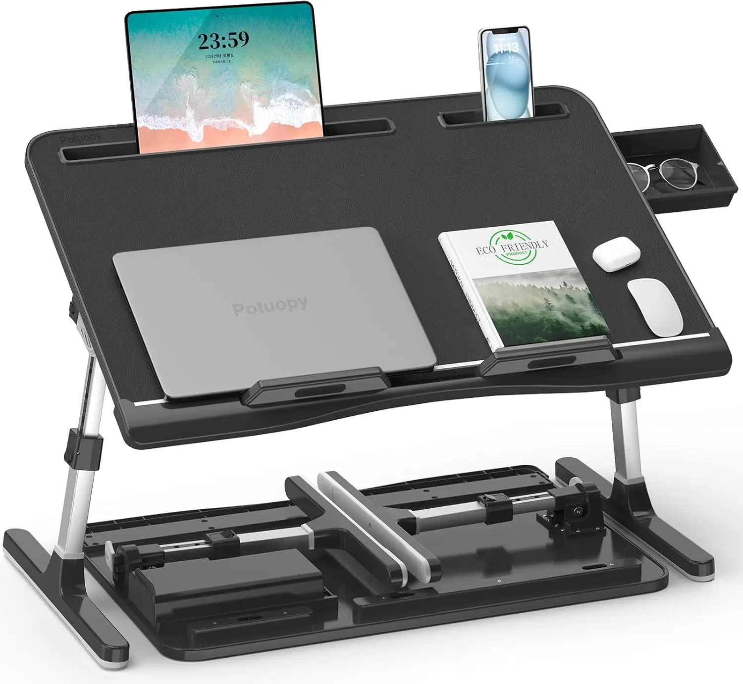 

Laptop Bed Table, Adjustable Leather Computer Lap Desk, Wide X-Large Folding Bed Desk Tray With Drawer On Couch Floor For