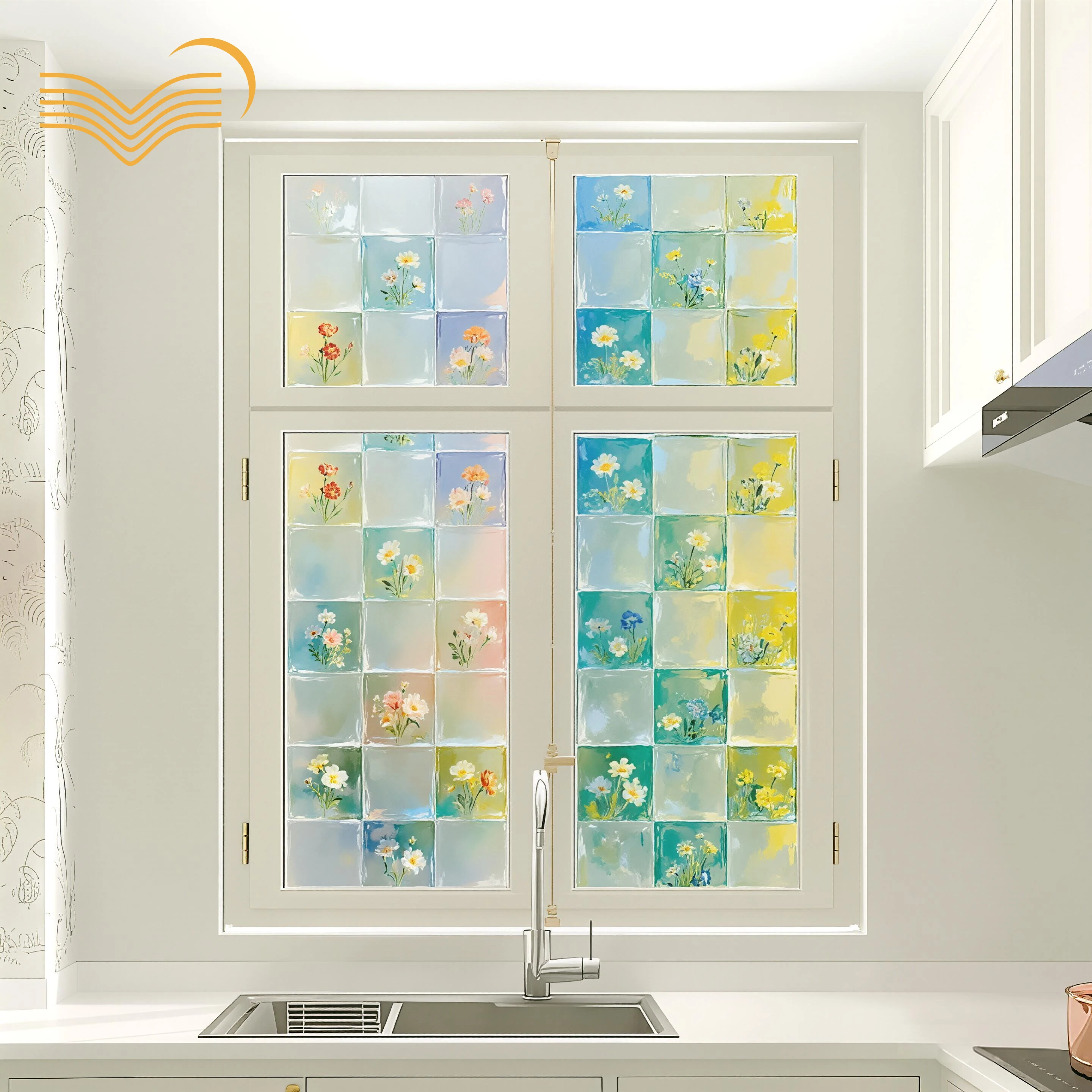 Oil Painting Cube Floral Static Cling Frosted Window Film Glue Free Anti-peep Waterproof PVC Glass Sticker For Bathroom Door