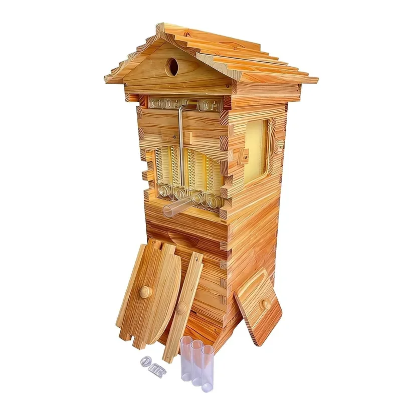 Self-Flow Hive Beehive Starter Kit Wooden Beehives Holds up to 6000 Bees with Transparent Observation Window and Automatic