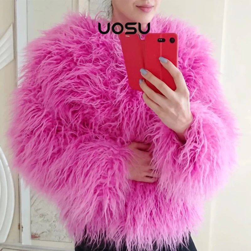 Fuzzy Faux Fur Coat Women 2023 Winter Clothes Shaggy Oversized Fluffy Sheep Fur Jacket Festival Red Fur Coats Icon Outwear