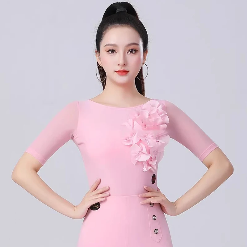 

Pink Latin Dance Tops Sexy Waltz Dance Shirt Ballroom Dancewear Bodysuit 2025 New women's Modern Dance Practice Costumes