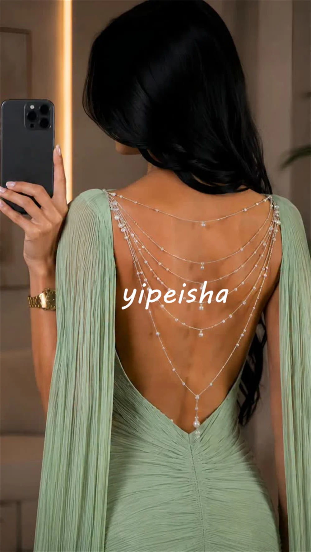 Customized Green Sexy Luxury Chiffon Pleat Pearl Beading Tassel Mermaid High Collar Floor-Length Evening Dresses Sizes Available