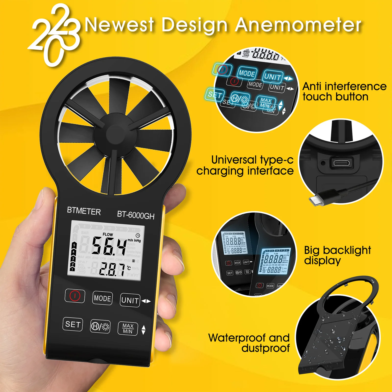 CFM Wind Speed Meter,Rechargeable HVAC Anemometer Measuring Wind Velocity, Test Air Flow Volume CFM/CMM, Handheld Airflow Tester