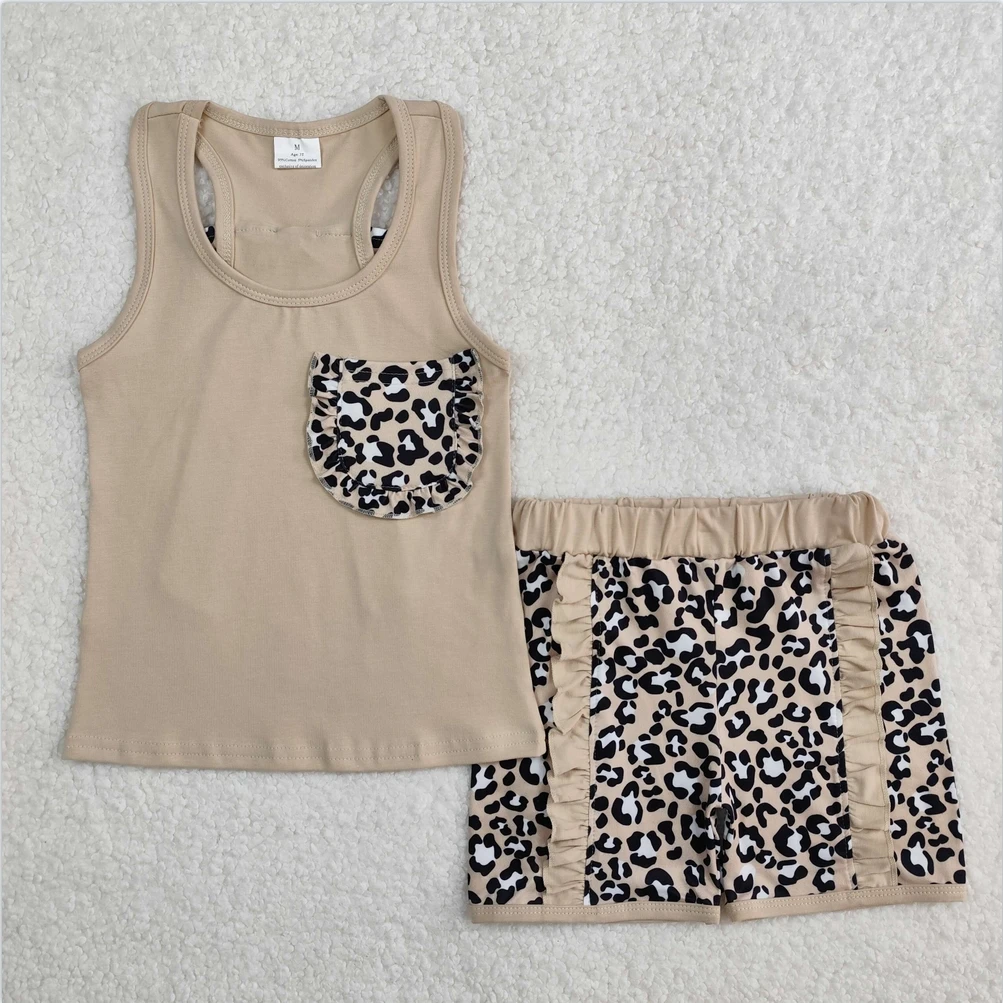 

Wholesale Baby Girl Summer Set Short Sleeves Khaki Pocket Bow Vest Ruffle Leopard Shirt Kid Short Clothes Outfits For Children