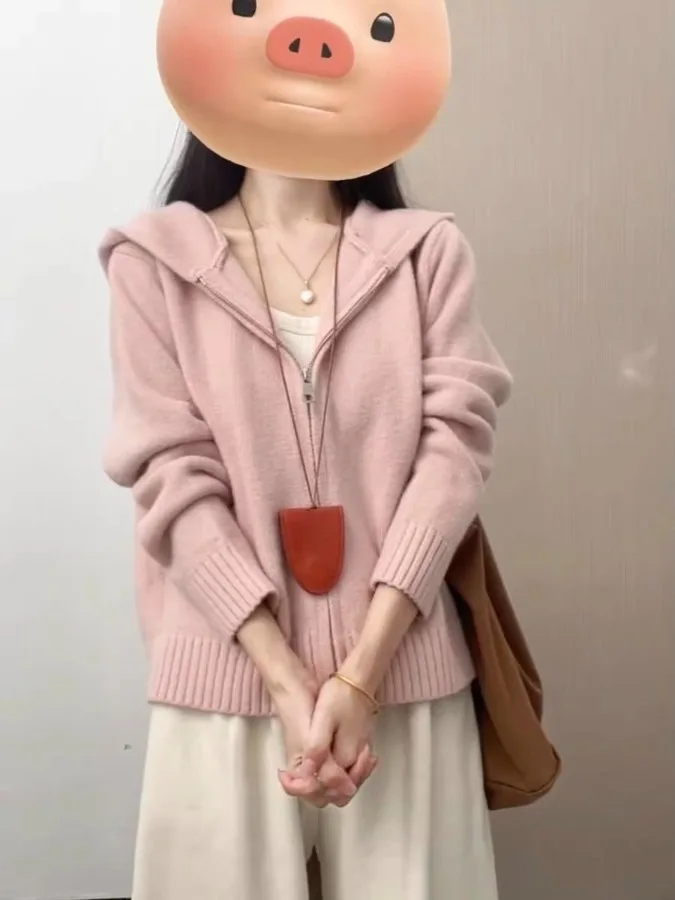 

Pink Double Zipper Hooded Knitted Open Cardigan Women's Loose Sle Autumn Gentle Wind Sweater Outerwear Lazy Sle Top