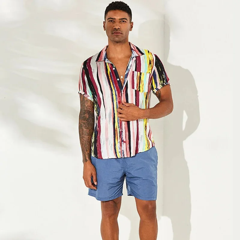 Summer Men's Loose Casual Striped Short Sleeve Men's Shirt Beach Print Shirt