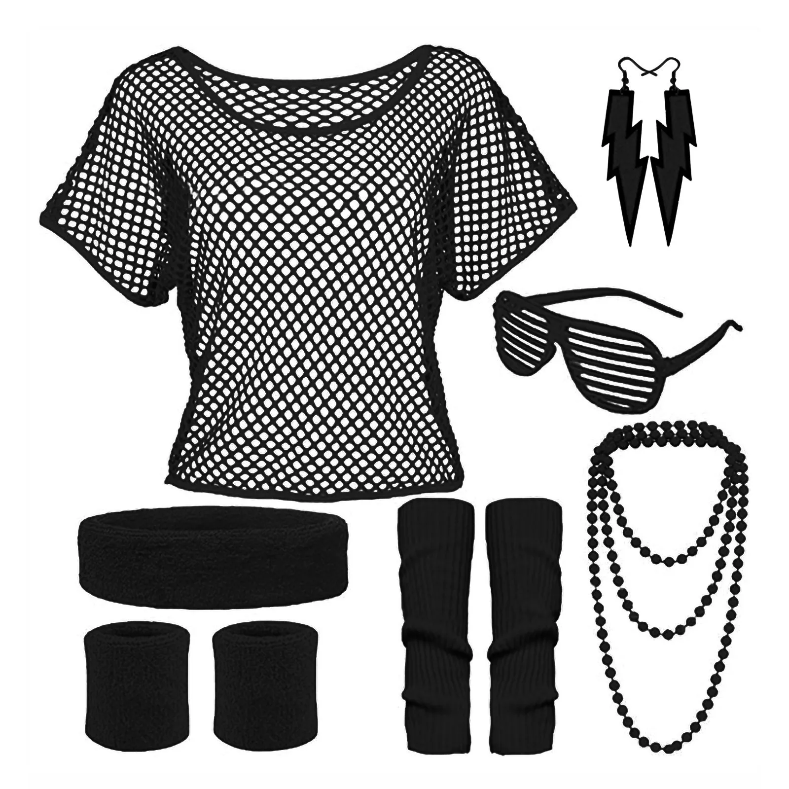 

Vintage Seventies Neon Party Clothing Set Fishnet Short Sleeves Accessories Seven Piece Set