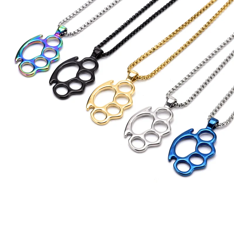 

Punk Rock Titanium Stainless Steel Knuckle Dusters PUNCH Pendants Necklace for Men Jewelry Blue Black Gold Silver Color