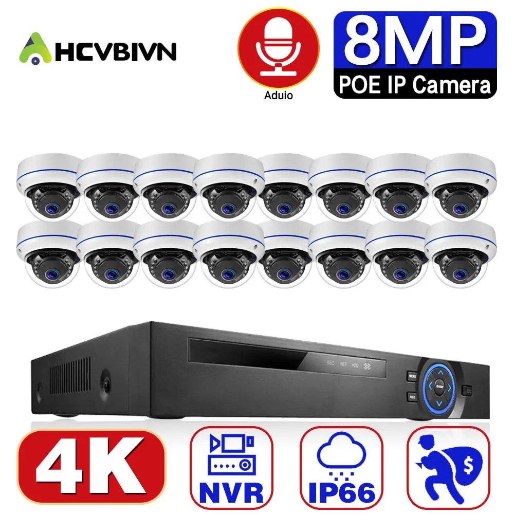 

4K 16 Channel CCTV Video Surveillance Kit 8MP 8CH POE NVR Outdoor Waterproof POE Audio IP Dome Security Camera System Set 16CH