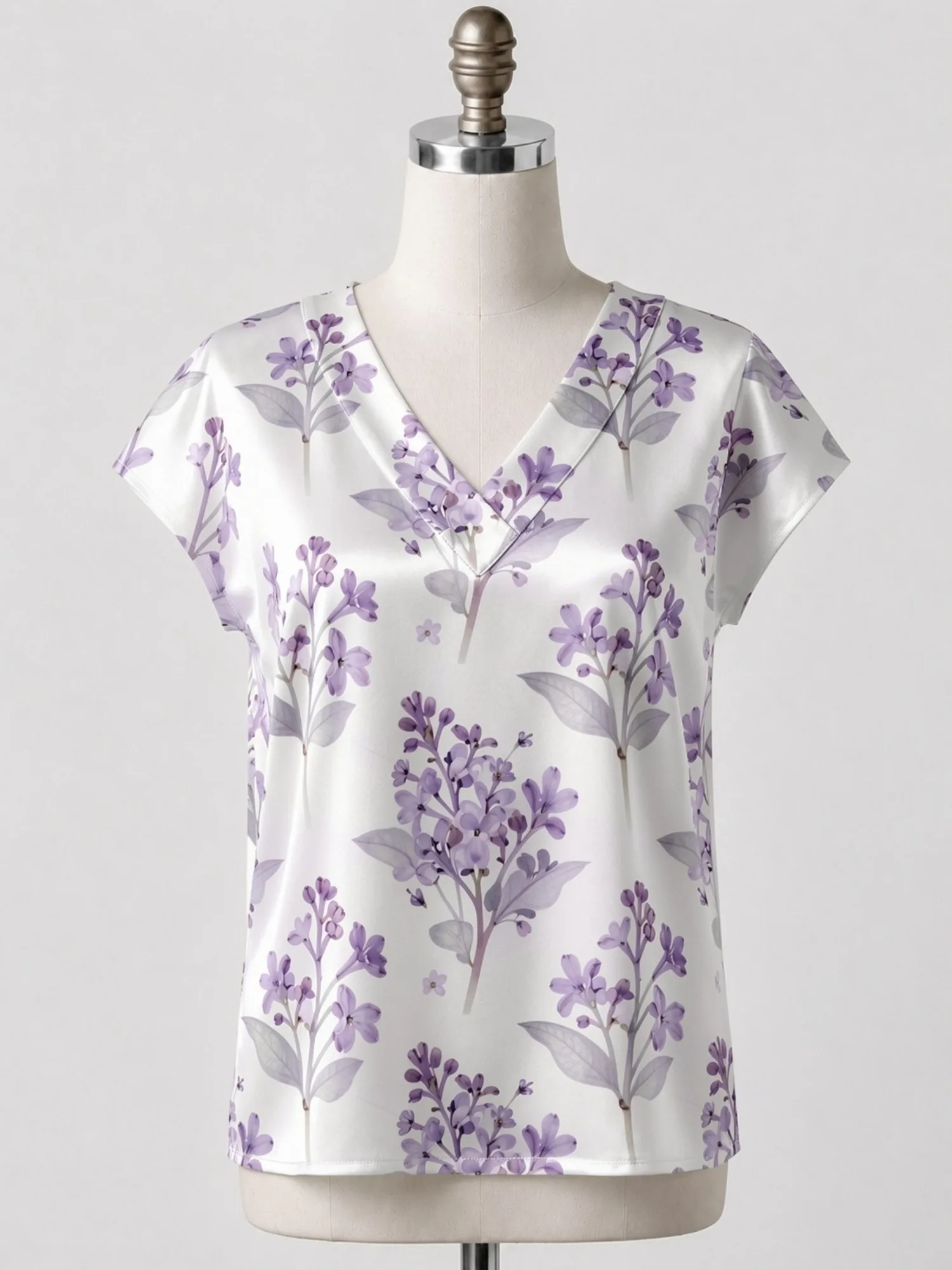 Floral Satin V Neck Top for Women Cap Sleeve Comfort Draped Fit Silky Summer Cruise Daily Wear Lightweight Breathable Fresh Airy