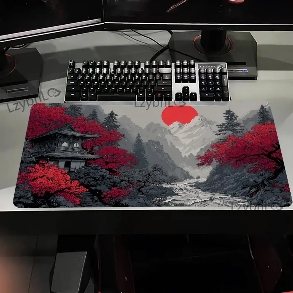 لوحة ماوس على شكل قمر بمناظر طبيعية ساكورا، لوحة ماوس ألعاب مطاطية كبيرة مضادة للانزلاق، حصيرة مكتبية متينة بحافة سميكة مناسبة لألعاب المكتب #1