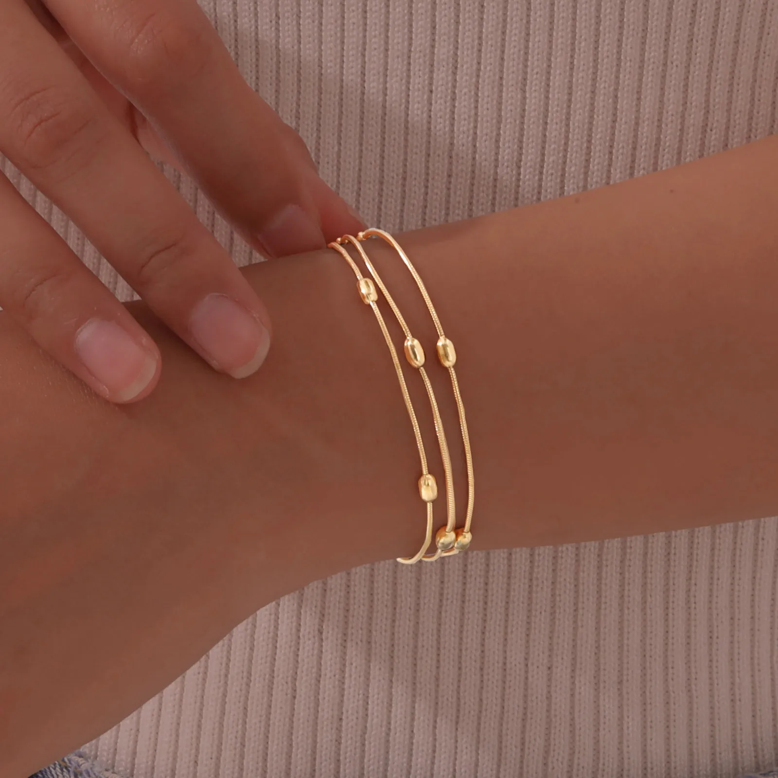 Multilayer Round Beaded Snake Chain Bracelets, Gold Plated Waterproof Adjustable Stainless Steel Link Women Jewelry