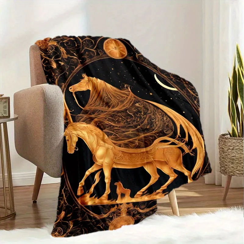 Golden Horse Pattern Flannel Blanket - Contemporary Digital Printed Polyester Knit, All-Season Lightweight Sofa Bed Throw