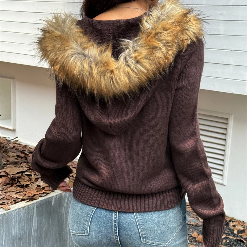 

Knit Sweater Coat Women Autumn Winter 2025 New Jacket Hoodie Cardigan Zipper Solid Simple Slim Fit Retro Female Coats Outerwear
