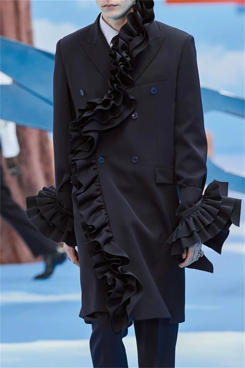 

Black Men Suits Set 2 Pcs Long Overcoat+Pants Trousers Ruffles Customized Groom Wedding Tuxedos Formal Office Jacket Coat