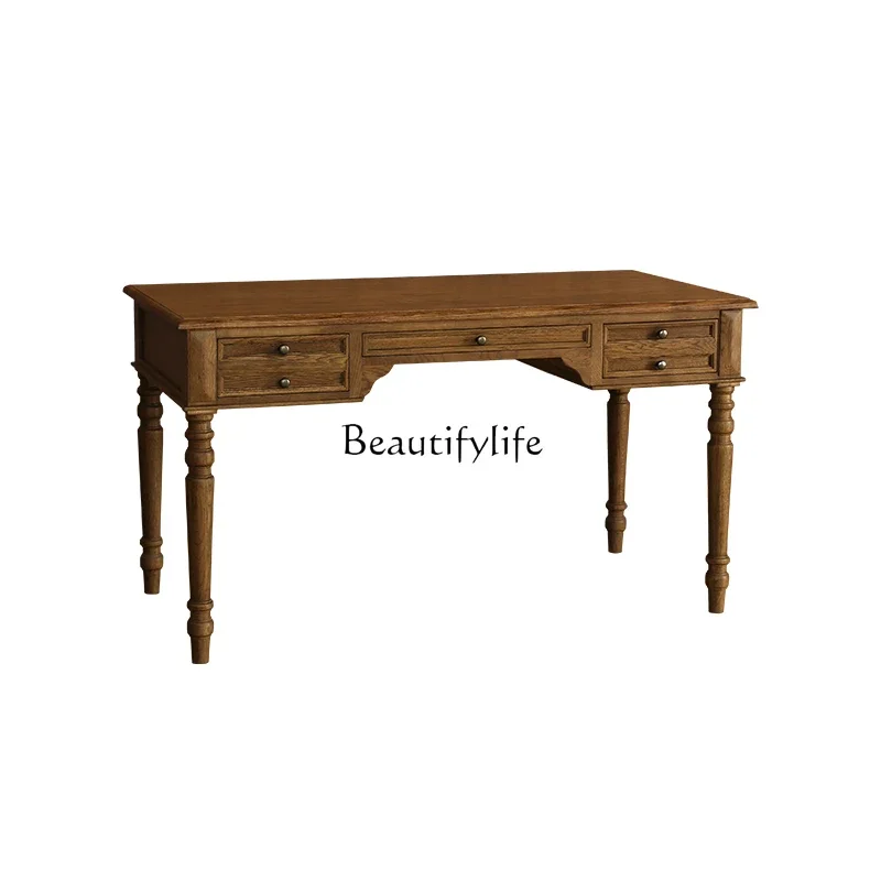 

FG17American country log desk European oak three-draw desk