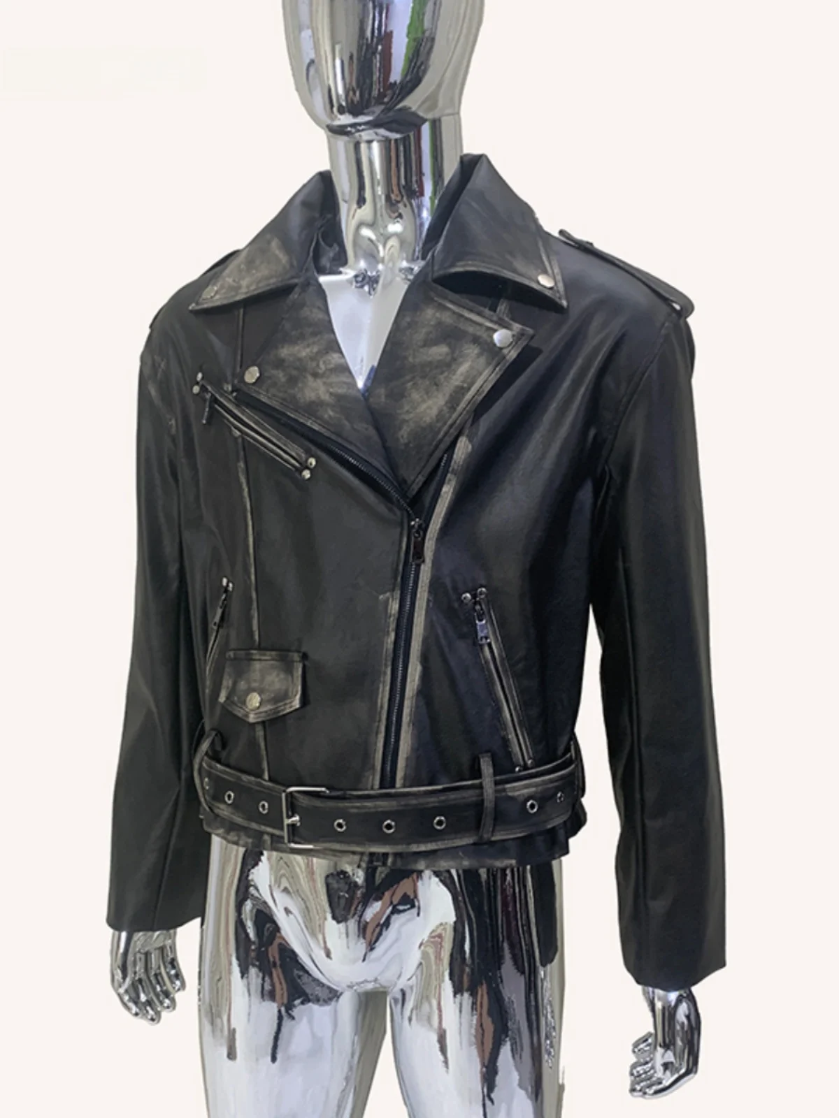 Nerazzurri Men's Biker Leather Jacket Worn-In Coloring Short Style PU Leather Coat Youthful Vitality Straight Tube Shape