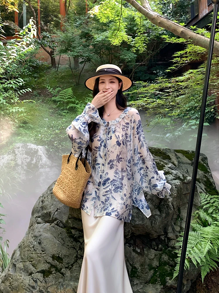 

New Chinese Sle Loose Cotton irt Women's Retro Lazy Long Sve Printed Top Lin Yan Er Pure Cotton Sun Protection