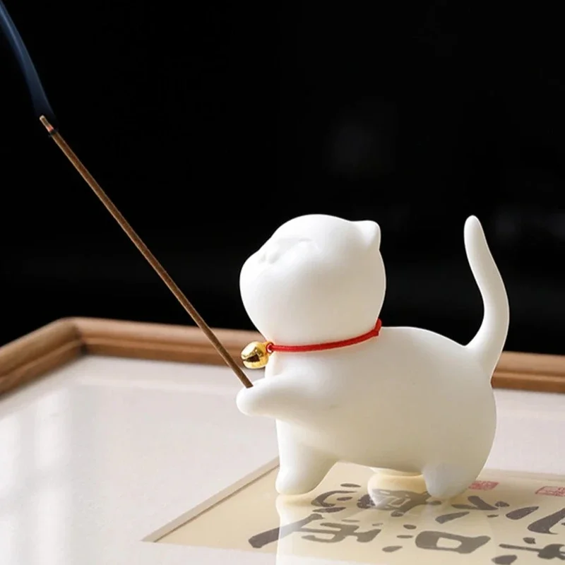 Cute Cat Incense Burner Stick Holder Buddhism Line Incense Plate Sandalwood Coil Base Temples Yoga Studios Home Decoration