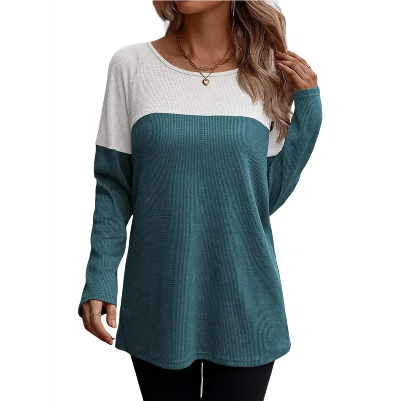 

CYL-Women Waffle Knit Shirts Long Sleeve Colorblock Tee Button Detail Tunics