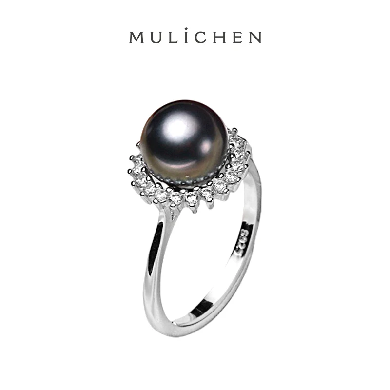 

MULICHEN Tahitian Seawater 8-9mm Black Pearl Ring For Women Perfect Circle Silver 925 Jewelry Wedding Ring Free Shipping