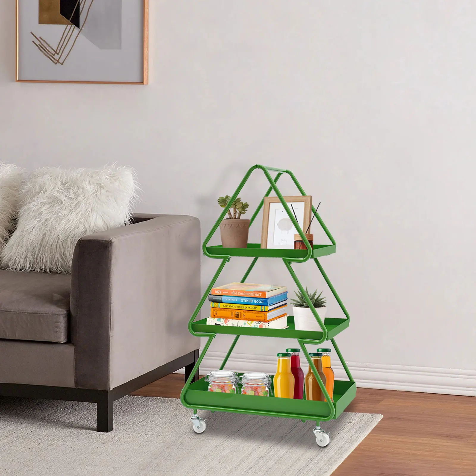 

Christmas Tree Side Table – Movable Iron Cart, Creative Sofa Side Cabinet with Wheels, Small Tea Table and Storage Rack