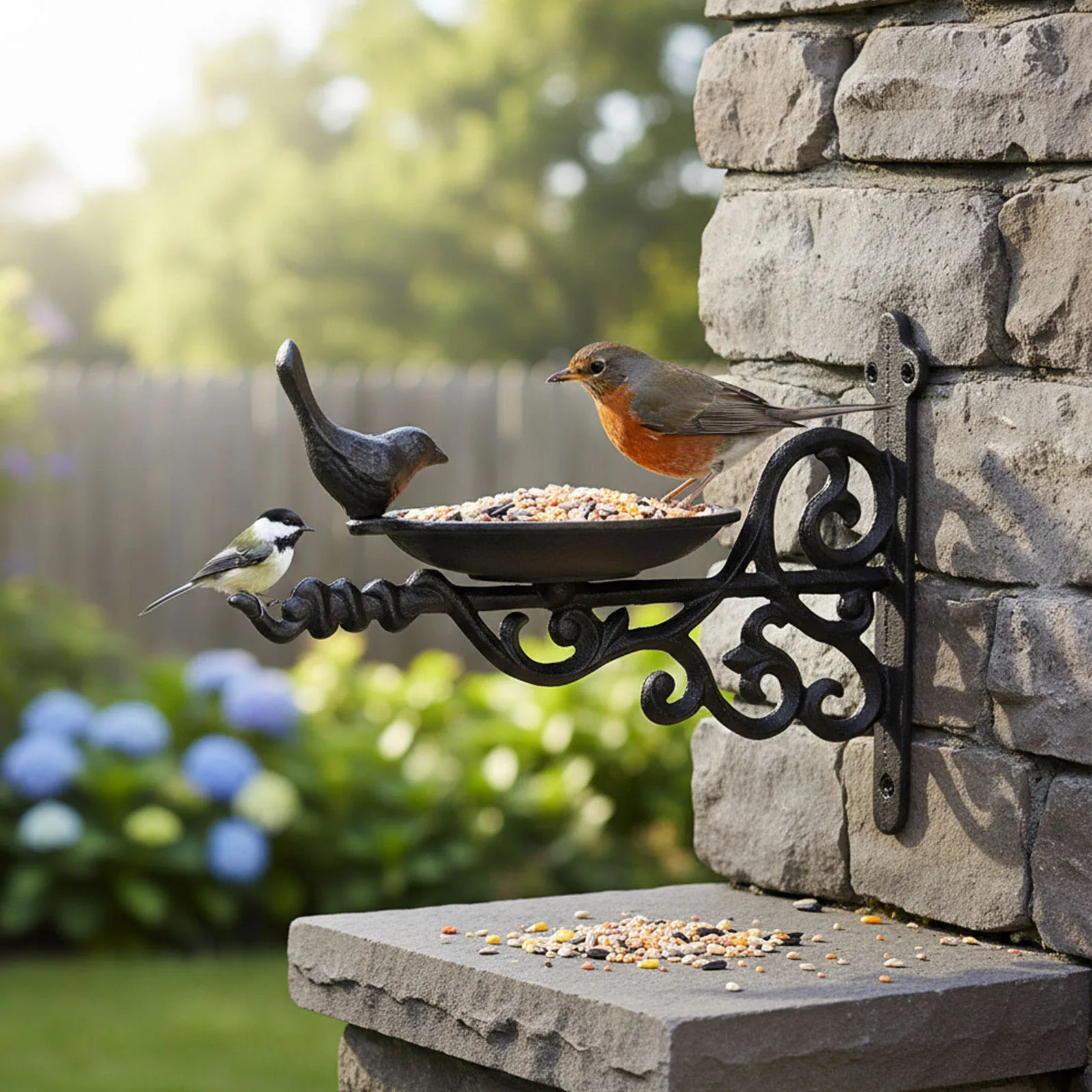 

Wall Mounted Bird Bath Figurine Multi-Purpose Vintage Birds Water Tray Metal Bird Feeding Station Retro Design Holder Hanging Basket for Backyard Lawn Yard (Head Down Bird)