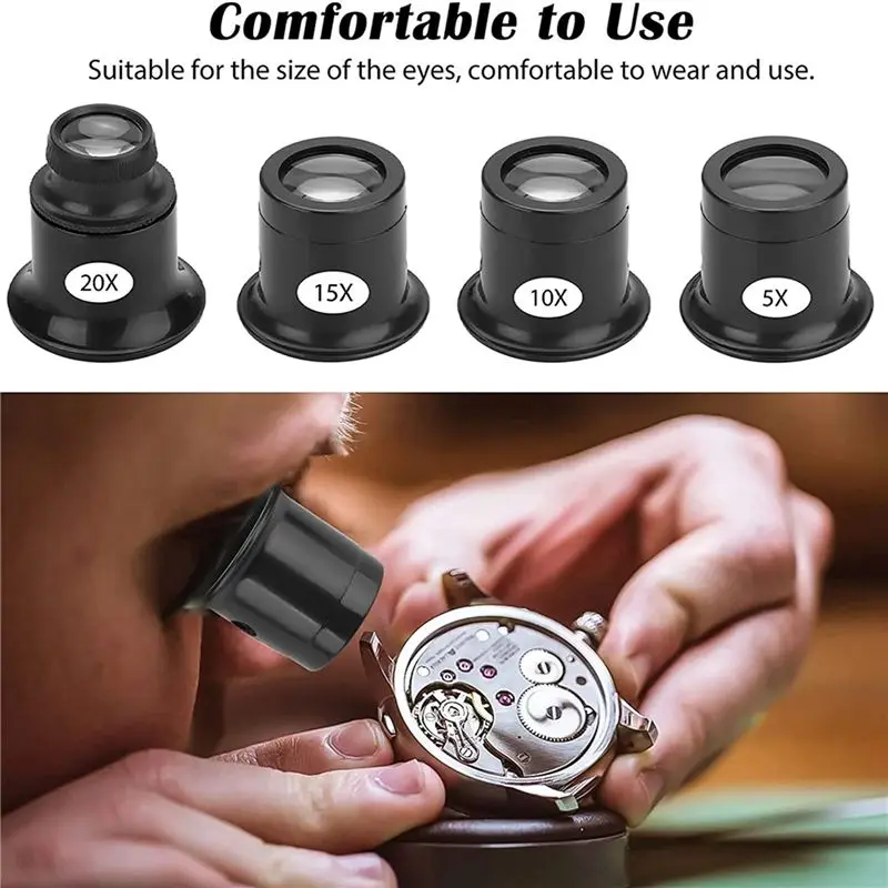 A84E-12PCS Loupe Eyeglass Magnifiers Set 5X 10X 15X 20X Watch Repair Loupe Magnifier Set Magnifying Glass For Watch Jewellery