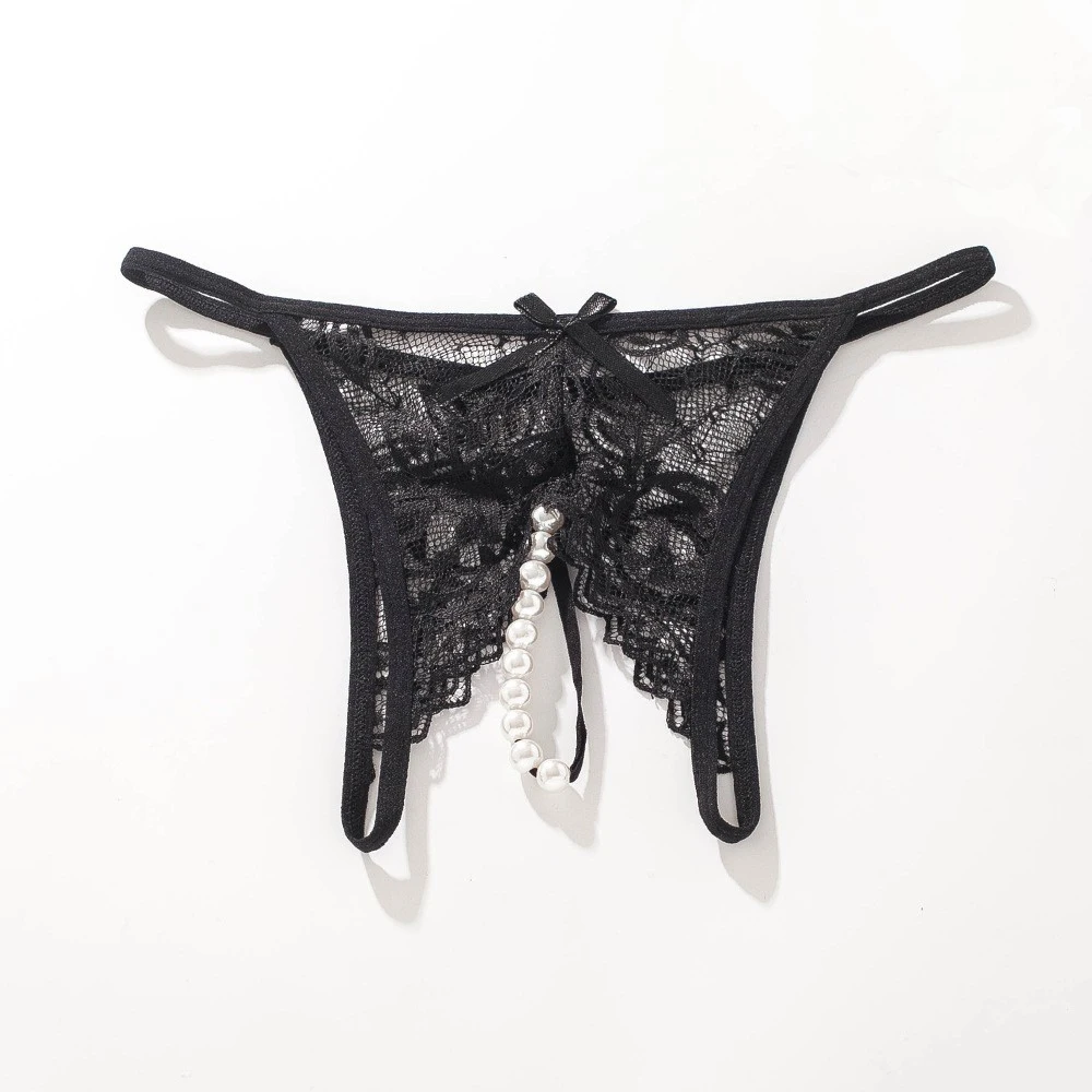 1Pcs Women Lace Briefs Women Erotict Opening Crotch Panties Thongs G-string Lingerie Sexy Underwear With Pearls Massaging Bead