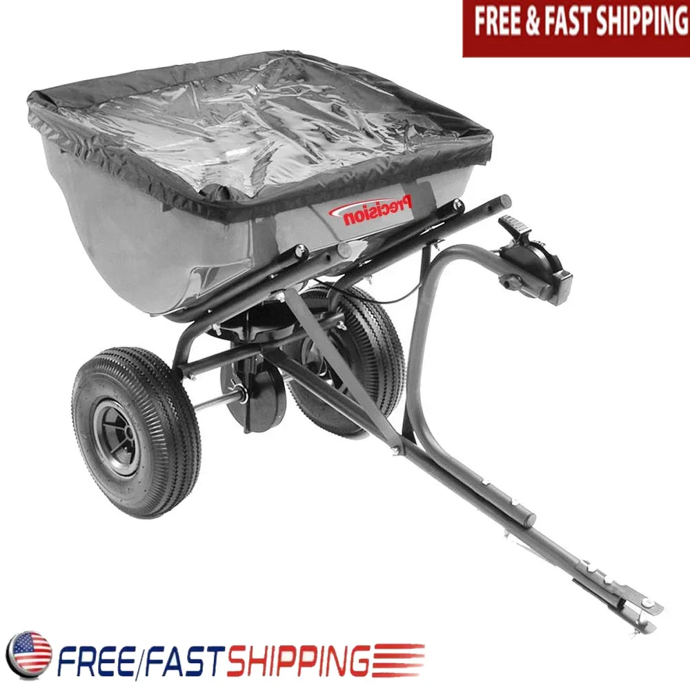 75lb Tow Behind Broadcast Spreader with Rain Cover 10in Tires Steel Frame Heavy Duty Spreader Lawn Garden Tractor Mower Semi