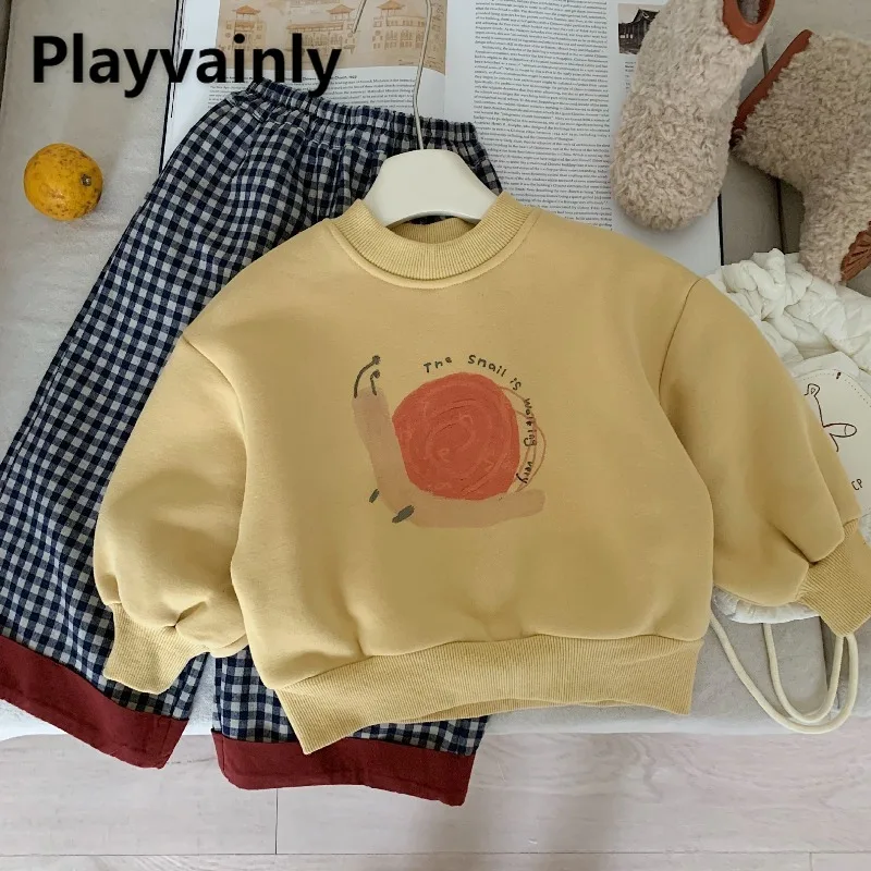 

2025 New Kids Fleece Hoodie Boys Girls Korean Style Yellow Cartoon Crewneck Sweatshirts Children Autumn Winter Clothes A5606
