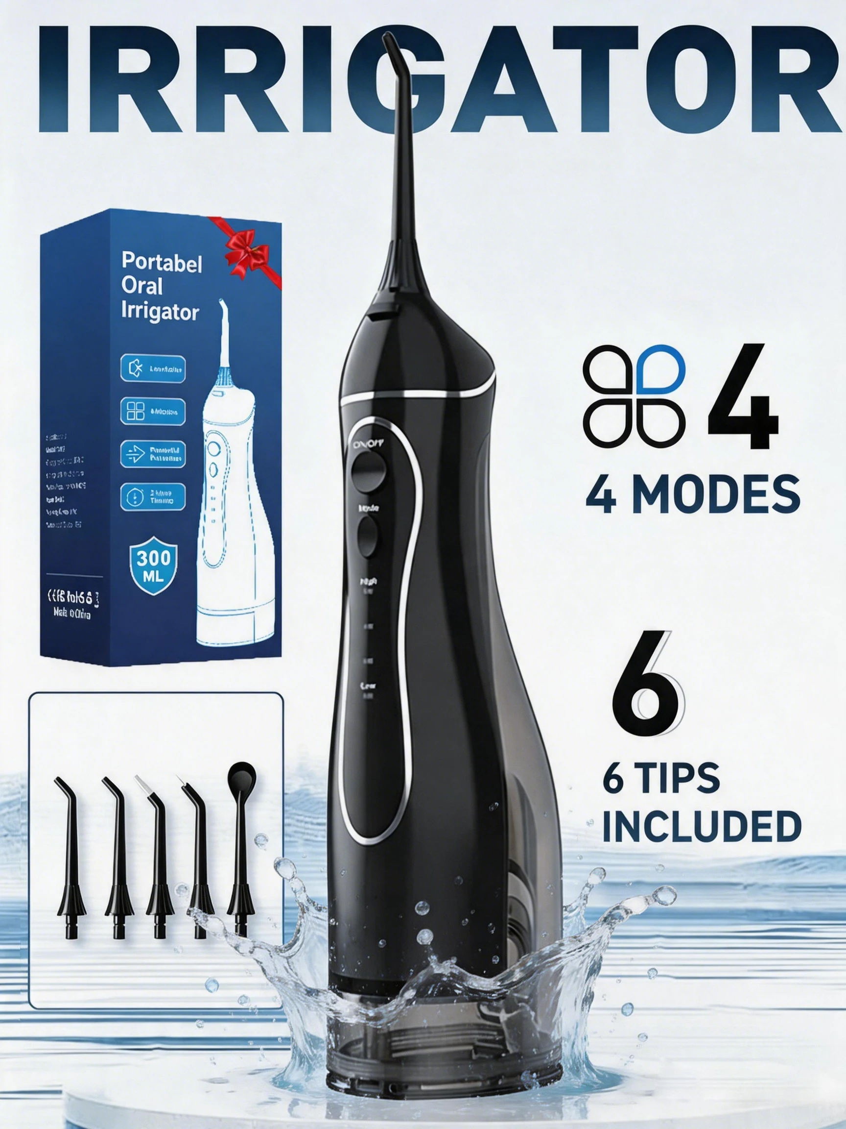 Water Dental Flosser, 300ML Portable Oral Irrigator for Teeth, 4 Modes and 5 Jet Tips, IPX7 Waterproof, 30 Day Battery Life