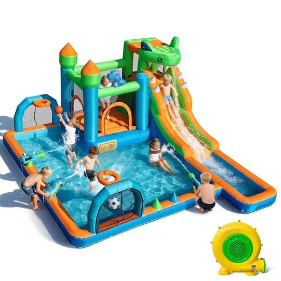 

9-in-1 Inflatable Water Slide for - Dinosaur Bounce House Water Park with Slide for Wet and Dry - Climbing Wall Water Cannon Sp