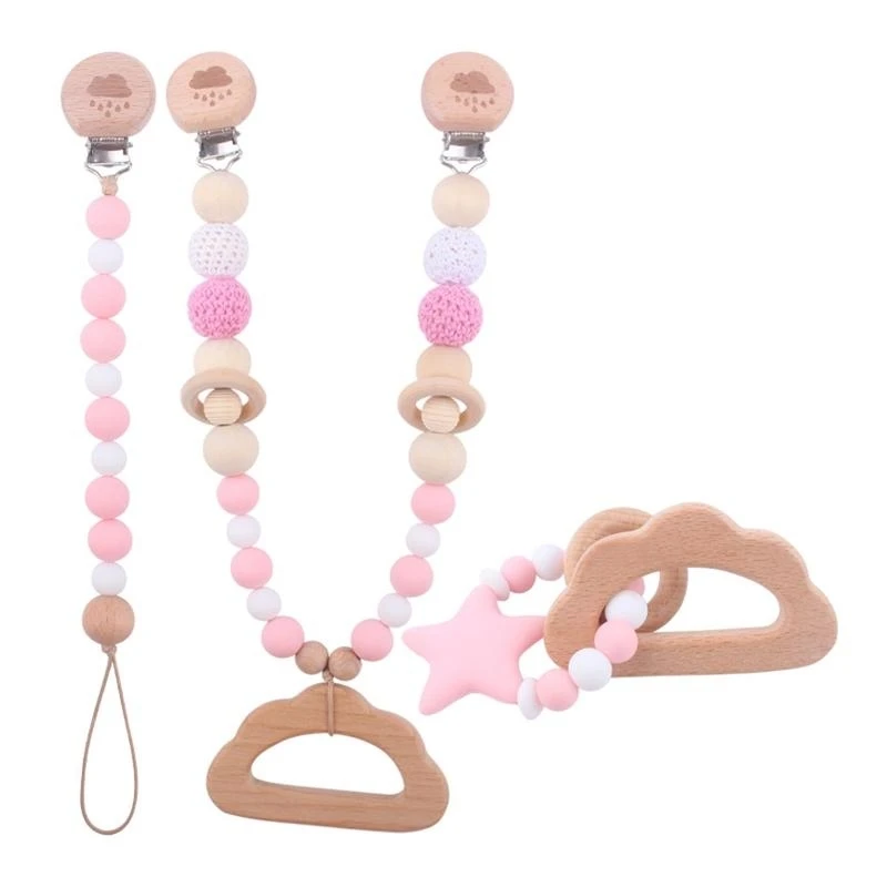 

090B 3 Pcs/Set Baby Stroller Pendants Pacifier Chain Pram Clip with Silicone Beads