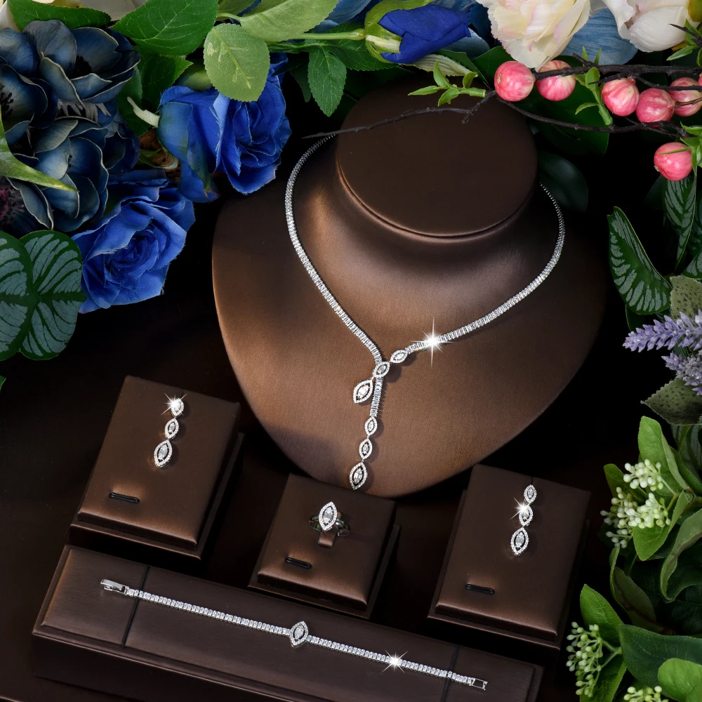 

HIBRIDE New Gorgeous and Dazzling Water Drop Necklace Earring Set Women's Clothing Light Luxury Wedding Bridal Holiday Gift 1119