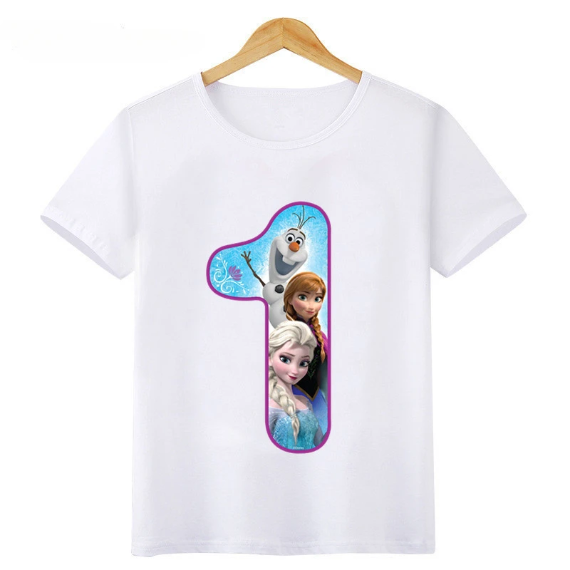 Disney Princess Frozen Elsa Anna Number Bow Print T shirt Kids Clothes 1 2 3 4 5 6 7 8 9 Years Birthday Girls T-Shirts Baby Tops