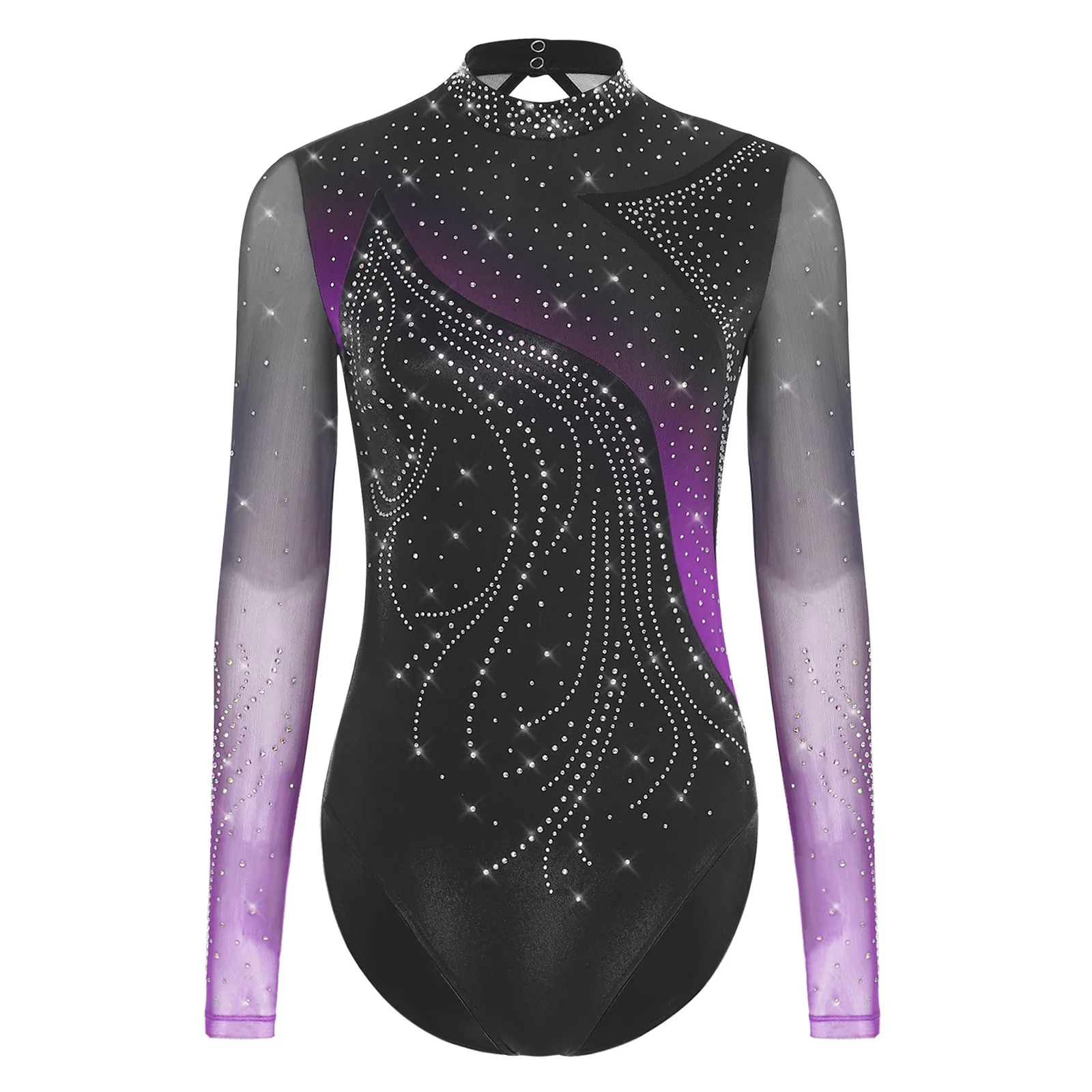 

Women Figure Skating Ballet Gymnastic Leotards Performance Costume Mesh Long Sleeve Streamlined Splice Rhinestone Bodysuits