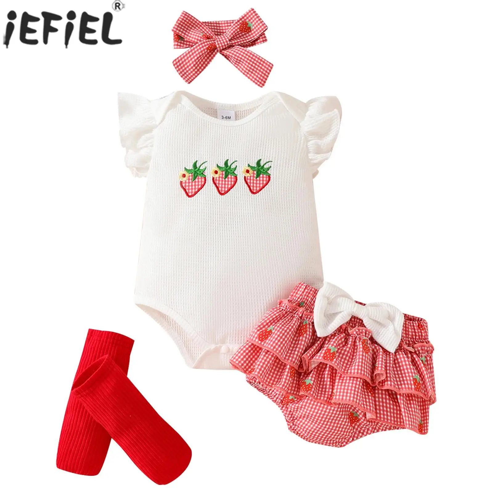 

Baby Girl Summer Short Sleeve Cute Strawberry Romper with Ruffled Shorts Headband Foot Covers Birthday Party Photography Costume