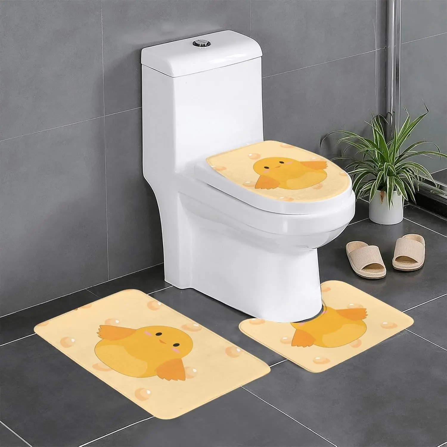 3 Piece Bathroom Rugs Set - Soft and Durable Flannel Material - Easy to Clean and Non-Slip for Bathroom and Vanity Cartoon Chick