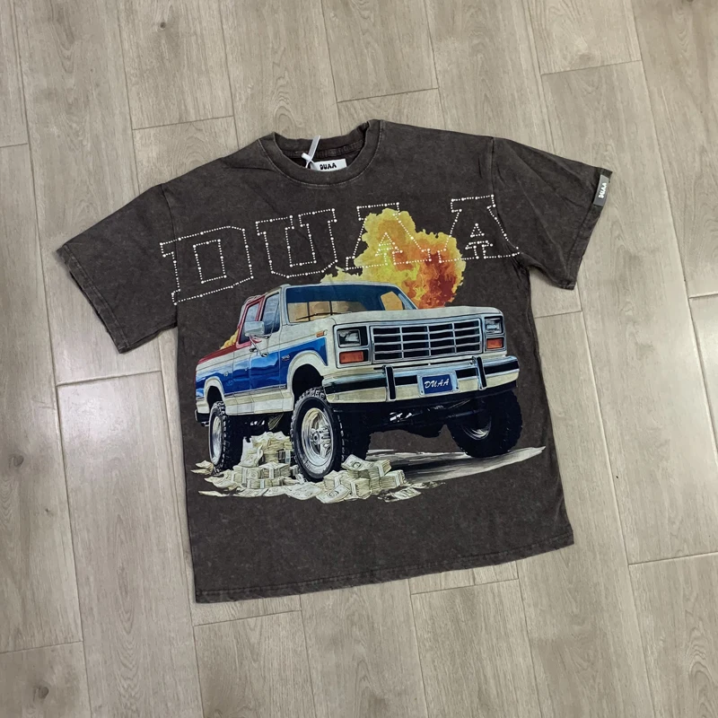 Trend Stir Fried Snowflake Hot Diamond Short Sleeved T-shirt with White Ink Spray Comfortable Breathable Casual Duaa T-shirt