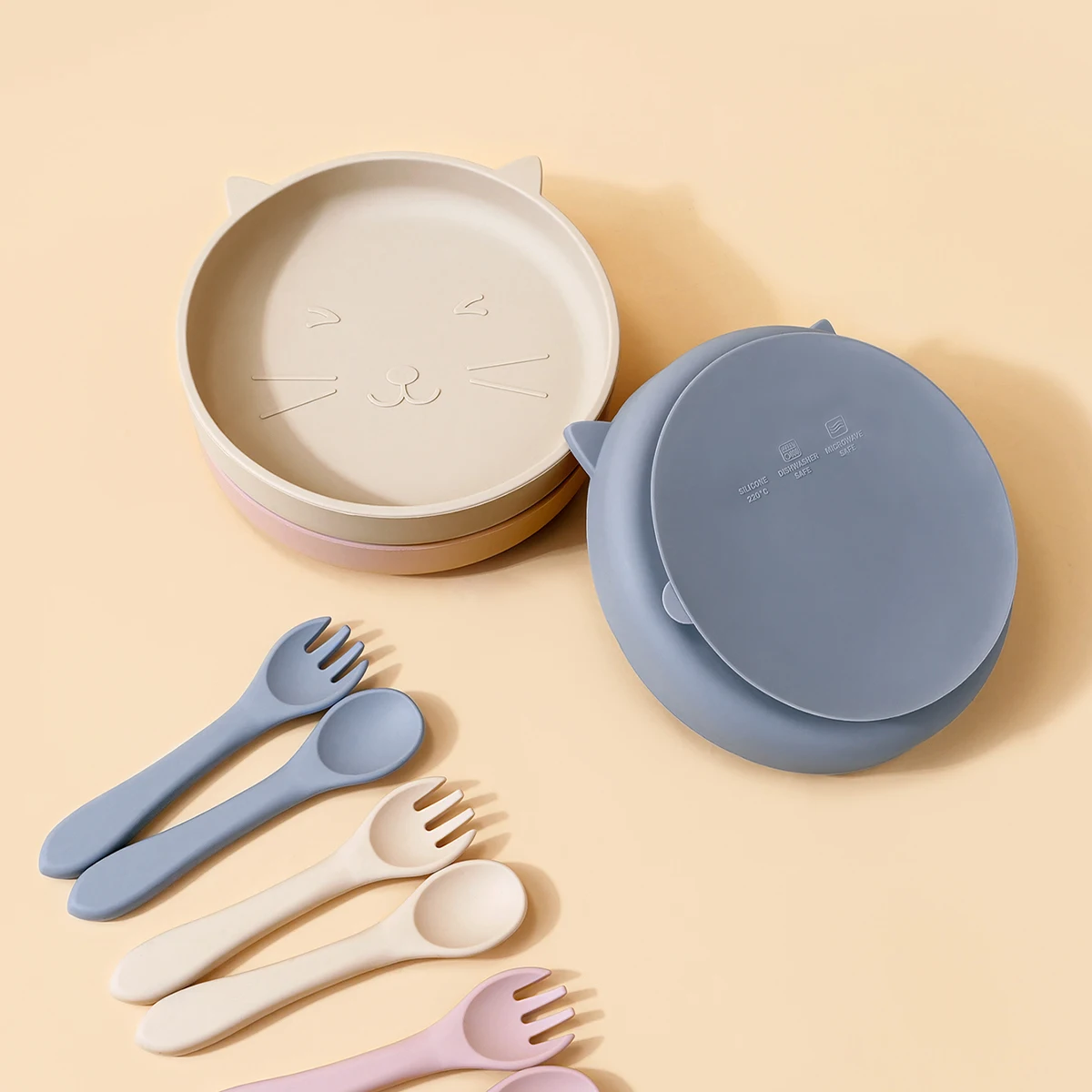 TYRY.HU 3 Buah/Set Set Makan Bayi Piring Makan Silikon Sendok dan Garpu Lembut Peralatan Makan Anak untuk Aksesori Pelatihan Balita