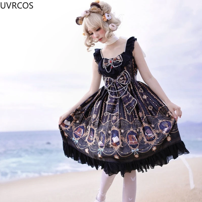 Victoria Vintage Gothic Lolita JSK Dress Women Sweet Star Bow Elegant Princess Sleeveless Dress Girly Party Black Strap Dresses