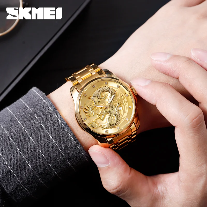 SKMEI Luxury Watch Men Quartz Watches For Men Top Brand Man Golden Dragon 3Bar Waterproof  Stainless Steel Strap Wristwatches