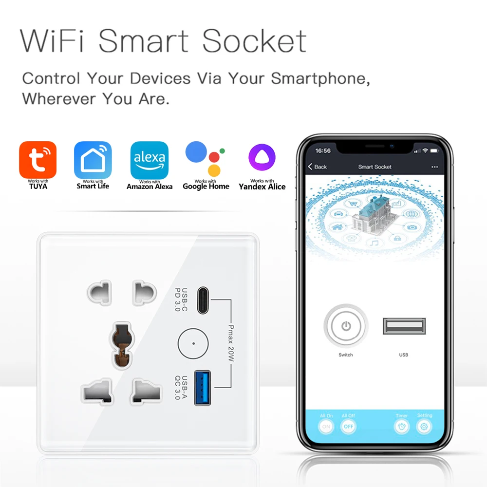 Tuya WiFi مأخذ (فيشة) ذكي UK US EU Universal Plug USB 3.0 Type-C منفذ منفذ الحياة الذكية/تطبيق Tuya يعمل مع Alexa Google Home