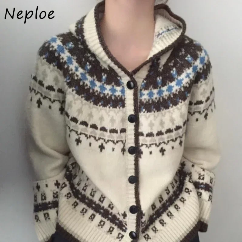 Neploe 2024, jesienno-zimowy, luźny, jednorzędowy, dzianinowy kardigan z kapturem Femme French High-End Vintage Jacquard Sweater Coats