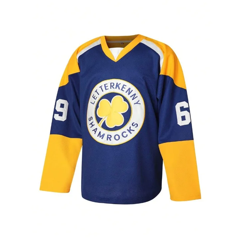 Shoresy 69 Inspired Letterkenny Shamrocks 3D Print Hockey Jersey Unisex Blue V‑Neck Long Sleeve TV Series Fan Retro Sport Top