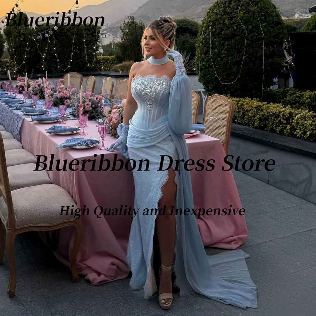 

Blueribbon Vestidos De Fiesta, расшитые бисером, без бретелек, кружевные платья для выпускного вечера с разрезом по бокам, с длинными рукавами, вечерние платья для дня рождения, по индивидуальному заказу