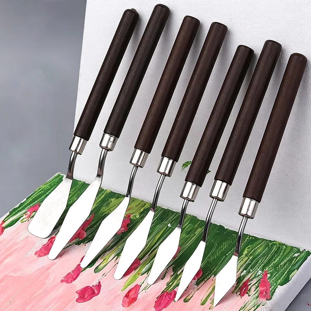 7 Pieces Stainless Steel Palette Knives with Wooden Handle Multifunctional Oil Acrylic Painting Spatula Mixing Scraper