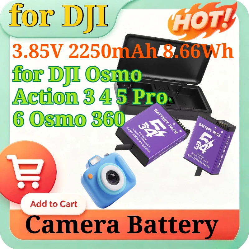 3.85V 2250mAh 8.66Wh Li-ion Replacement Battery for DJI Osmo Action 3 4 5 Pro 6 Osmo 360 Sports Camera with LCD Type C Charger